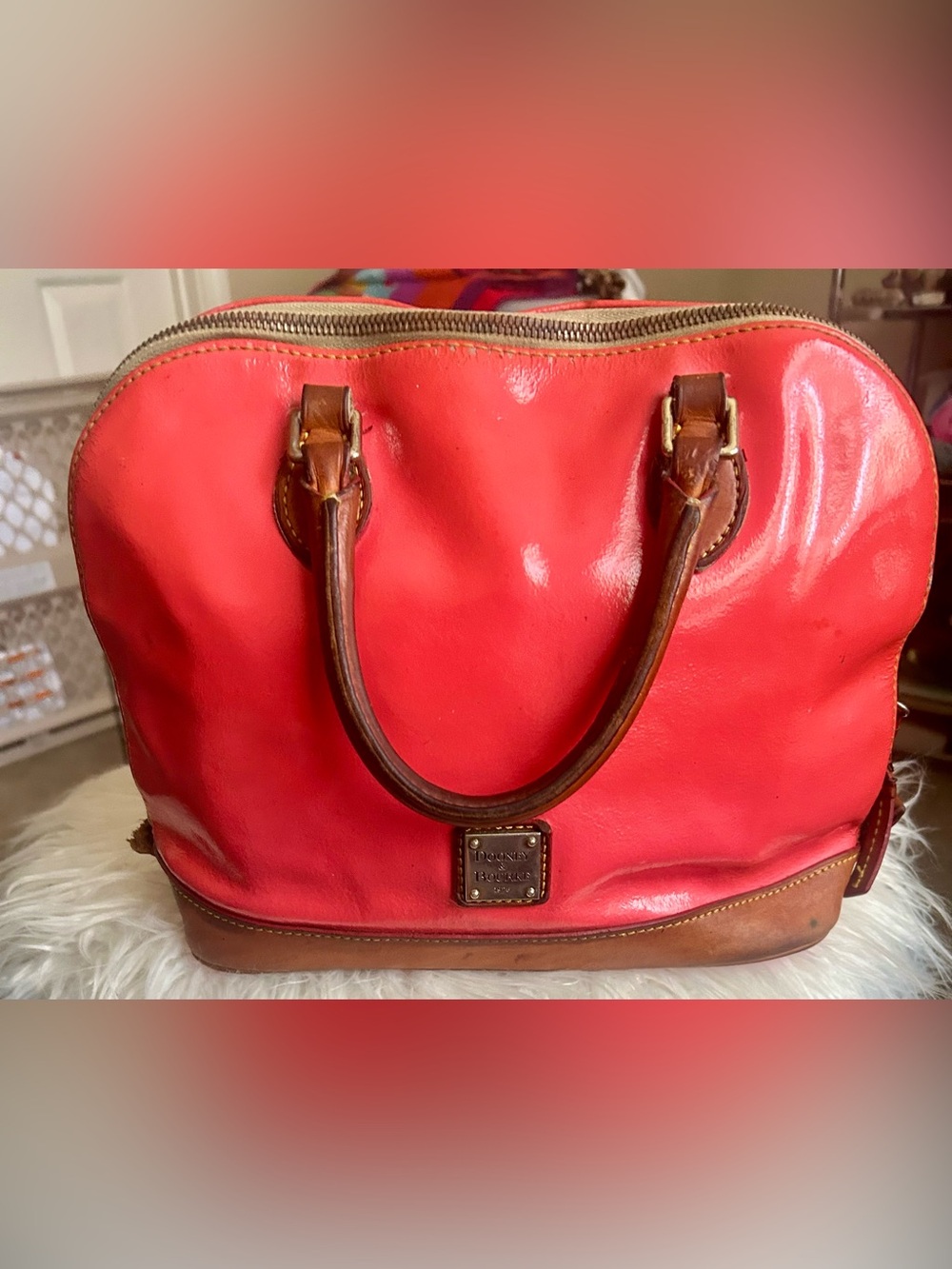 Dooney & Bourke Patent Leather Satchel with Brown Trim